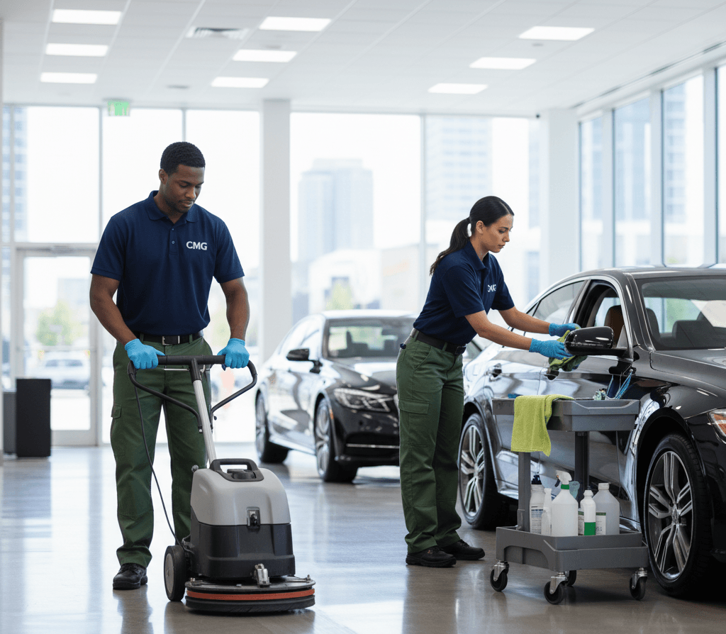 Polished auto dealership showroom floor and glass cleaned by CMG Clean dealership cleaning crew