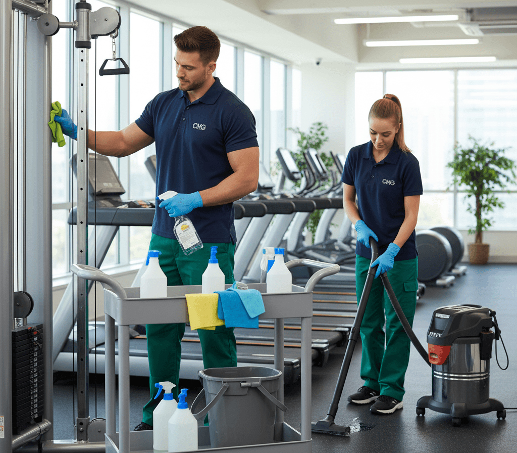 Disinfected gym floor and fitness equipment cleaned by CMG Clean fitness cleaning crew