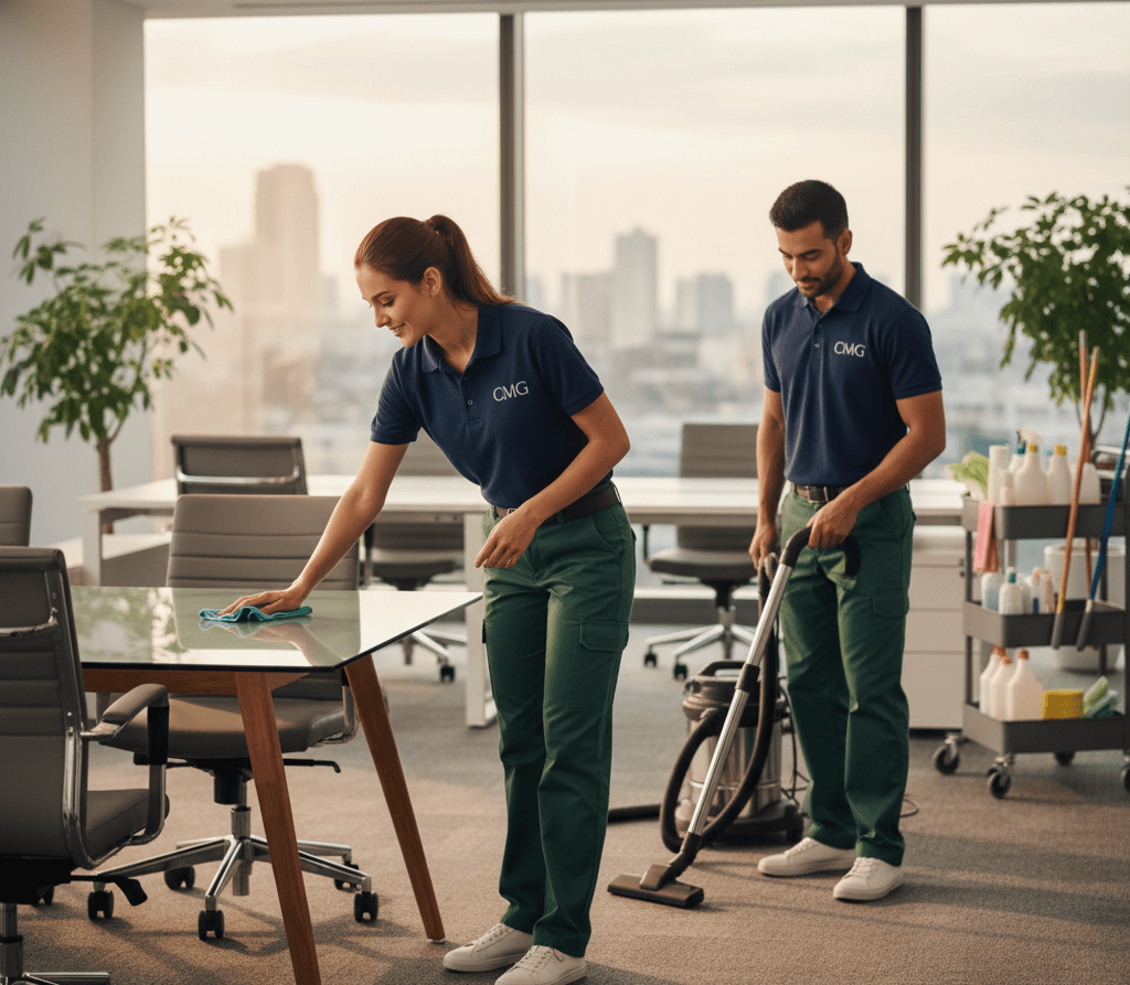 CMG Clean office cleaning crew wiping desks and workstations in a Ajax office