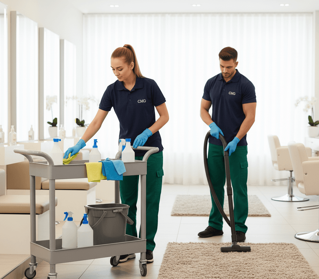 Freshly cleaned salon styling stations and mirrors serviced by CMG Clean salon cleaning crew